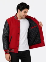 Red Wool Varsity Jacket Black Leather Sleeves