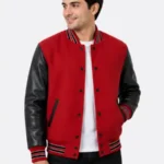 Red Wool Varsity Jacket Black Leather Sleeves Quilted Lining
