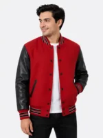 Red Wool Varsity Jacket Black Leather Sleeves Quilted Lining