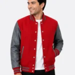 Red Wool Varsity Jacket Leather Sleeves Red White Striped Ribbing
