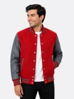 Red Wool Varsity Jacket Leather Sleeves Red White Striped Ribbing