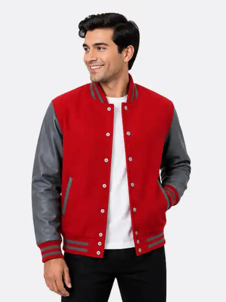 Red Wool Varsity Jacket Leather Sleeves Red White Striped Ribbing