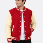 Red Wool Varsity Jacket with Cream Sleeves and Red White Striped Rib