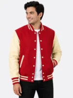Red Wool Varsity Jacket with Cream Sleeves and Red White Striped Rib