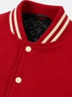 Red Wool Varsity Jacket with Cream Sleeves and Red White Striped Ribbing For Sale