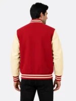 Red Wool Varsity Jacket with Cream Sleeves and Red White Striped Ribbing On Sale
