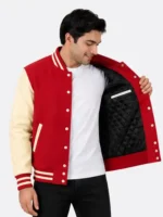Red Wool Varsity Jacket with Cream Sleeves and White Striped Ribbing
