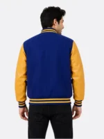 Royal Blue Gold Varsity Jacket Gold Striped Ribbing For Sale