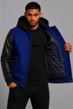 Royal Blue Hooded Varsity Jacket Black Leather Sleeves Blue Patch For Sale