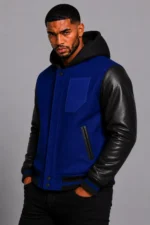 Royal Blue Hooded Varsity Jacket Black Leather Sleeves Blue Patch On Sale