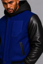Royal Blue Hooded Varsity Jacket Black Leather Sleeves For Sale