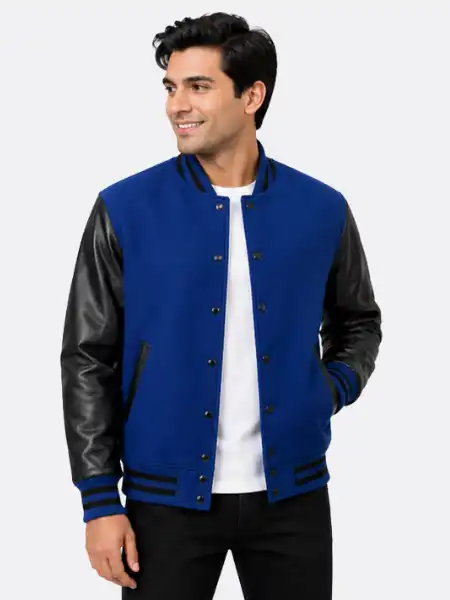 Royal Blue Varsity Jacket Black Leather Sleeves White Ribbing