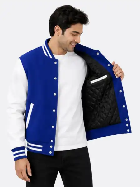 Royal Blue White Sleeve Varsity Jacket Blue White Ribbing For Sale