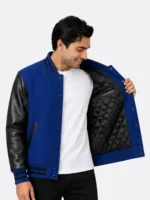 Royal Blue Wool Leather Varsity Jacket For Sale