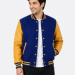 Royal Blue Wool Varsity Jacket Gold Sleeves Gold Striped Ribbing