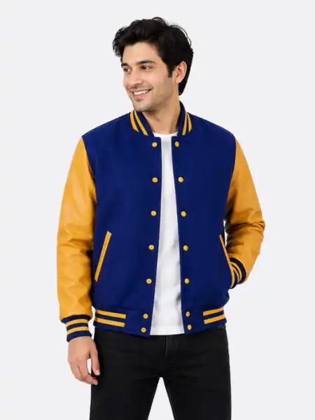 Royal Blue Wool Varsity Jacket Gold Sleeves Gold Striped Ribbing