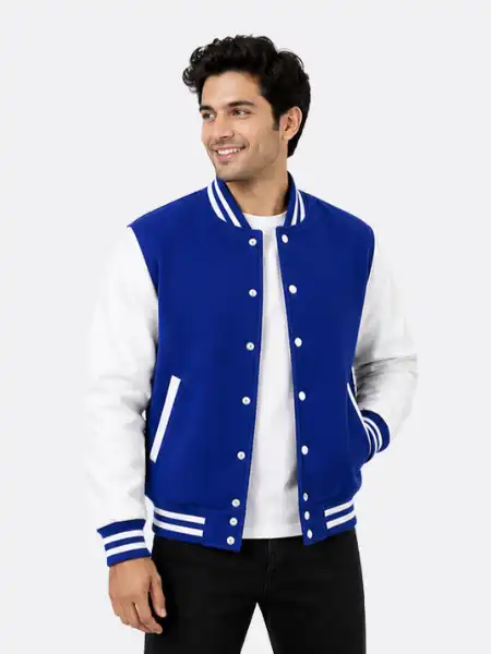 Royal Blue Wool Varsity Jacket White Sleeves Blue White Ribbing