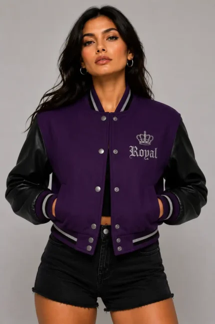 Royal Poison Embroidered Cropped Varsity Jacket Women Purple Black