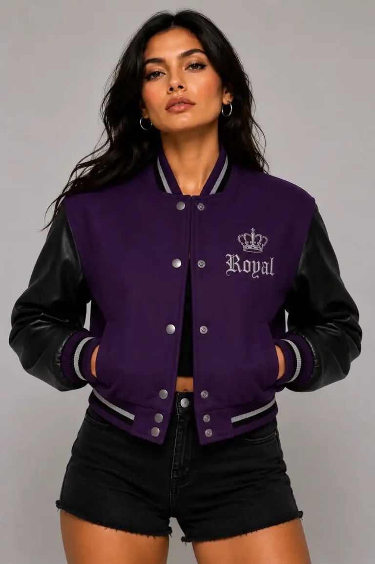 Royal Poison Embroidered Cropped Varsity Jacket Women Purple Black