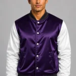 Royal Purple White Satin Varsity Jacket Mens Deep Purple Lining