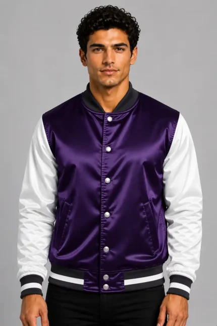 Royal Purple White Satin Varsity Jacket Mens Deep Purple Lining