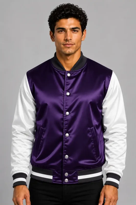 Royal Purple White Satin Varsity Jacket Mens Deep Purple Lining