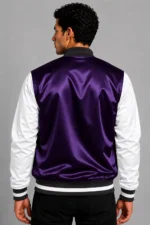 Royal Purple White Satin Varsity Jacket Mens Deep Purple Lining For Sale