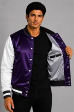 Royal Purple White Satin Varsity Jacket Mens Deep Purple Lining On Sale