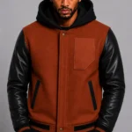 Rust Wool Hooded Varsity Jacket Black Leather Sleeves Brown Ribbing
