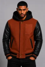 Rust Wool Hooded Varsity Jacket Black Leather Sleeves Brown Ribbing