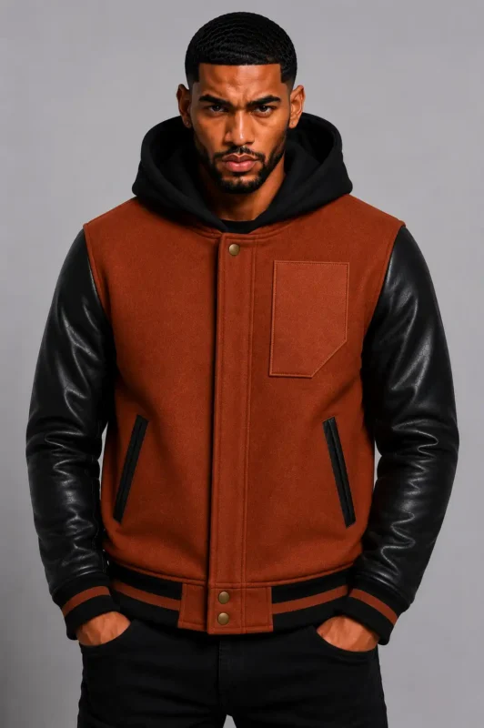 Rust Wool Hooded Varsity Jacket Black Leather Sleeves Brown Ribbing