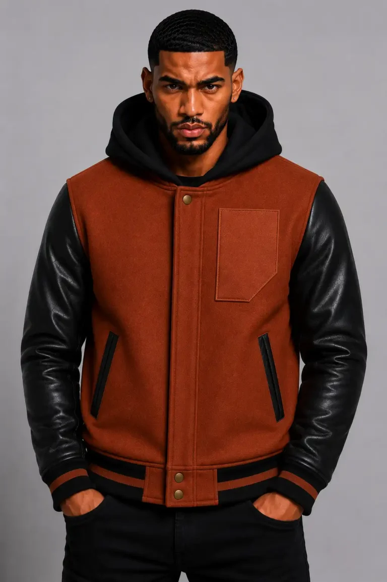 Rust Wool Hooded Varsity Jacket Black Leather Sleeves Brown Ribbing
