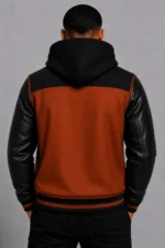 Rust Wool Hooded Varsity Jacket Black Leather Sleeves Brown Ribbing For Sale