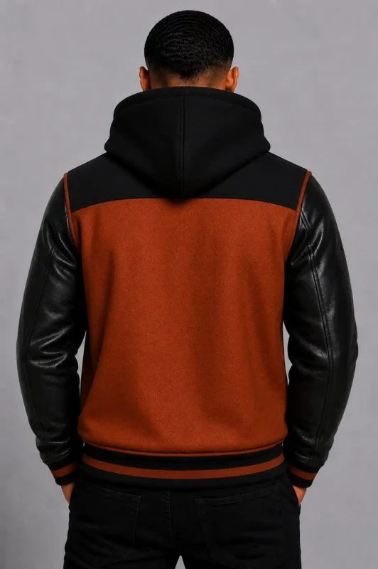 Rust Wool Hooded Varsity Jacket Black Leather Sleeves Brown Ribbing For Sale