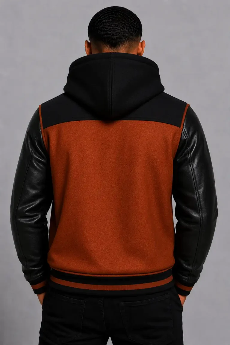 Rust Wool Hooded Varsity Jacket Black Leather Sleeves Brown Ribbing For Sale