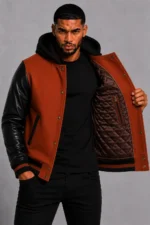 Rust Wool Hooded Varsity Jacket Black Leather Sleeves Brown Ribbing On Sale