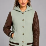 Sage Green Chocolate Leather Hooded Womens Varsity Jacket Bronze