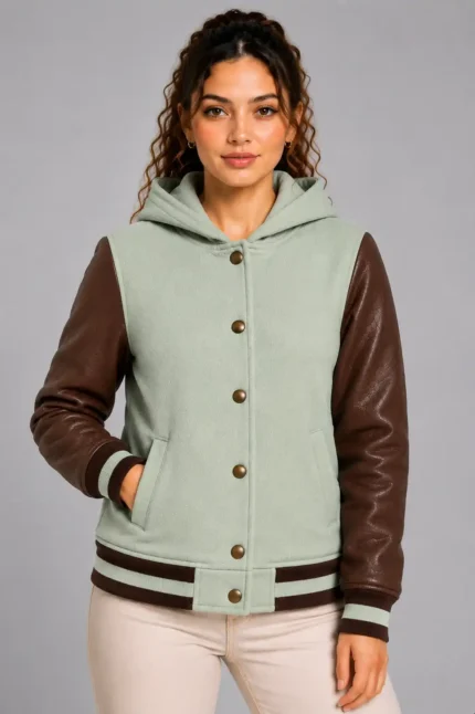 Sage Green Chocolate Leather Hooded Womens Varsity Jacket Bronze