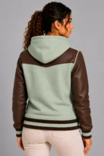 Sage Green Chocolate Leather Hooded Womens Varsity Jacket Bronze For Sale