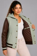 Sage Green Chocolate Leather Hooded Womens Varsity Jacket Bronze On Sale