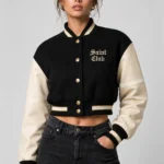 Saint Club Embroidered Cropped Varsity Jacket Women Black Cream Leather