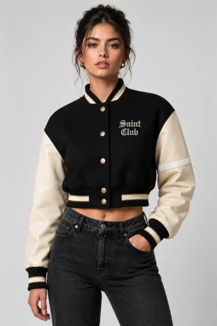 Saint Club Embroidered Cropped Varsity Jacket Women Black Cream Leather