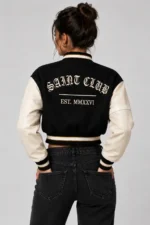 Saint Club Embroidered Cropped Varsity Jacket Women Black Cream Leather For Sale