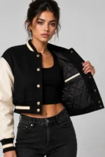 Saint Club Embroidered Cropped Varsity Jacket Women Black Cream Leather On Sale