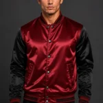 Scarlet Red Black Satin Varsity Jacket Mens White Satin Lining