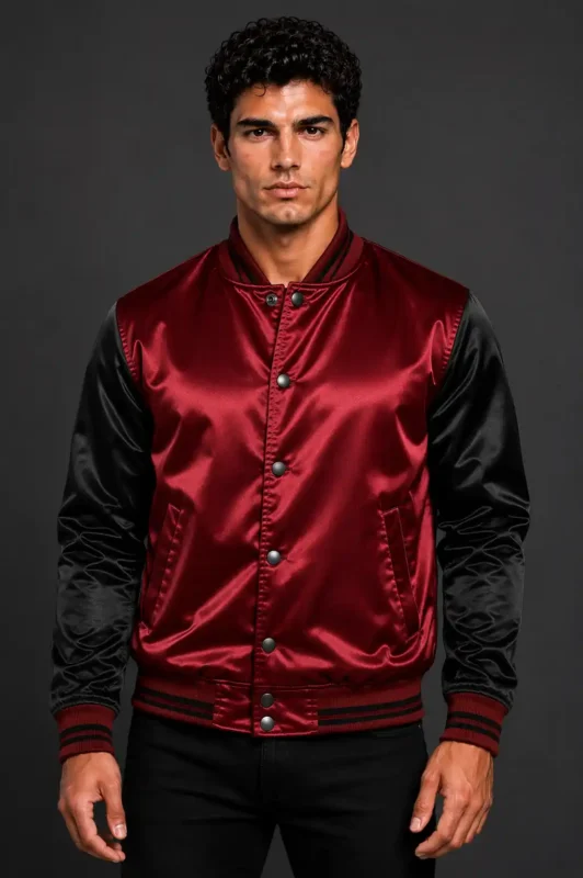 Scarlet Red Black Satin Varsity Jacket Mens White Satin Lining