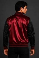 Scarlet Red Black Satin Varsity Jacket Mens White Satin Lining For Sale