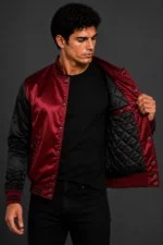 Scarlet Red Black Satin Varsity Jacket Mens White Satin Lining On Sale