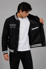 Shop Amiri Exclusive Black Leather Sleeve Varsity Jacket Chenille