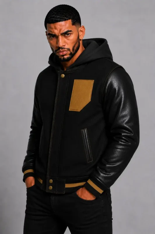 Shop Black Hooded Varsity Jacket Black Leather Sleeves Gold Chest Patch